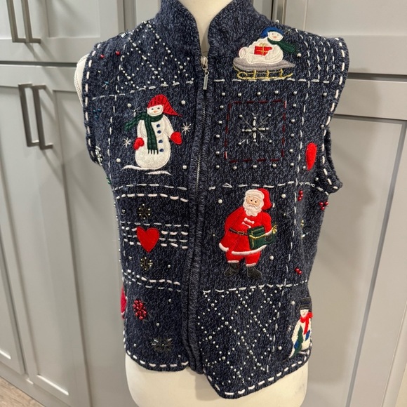 Christmas Zip Up Sweater Vest Blue Snowman Santa Beads Appliqué Embroidery sz PL - Picture 1 of 6
